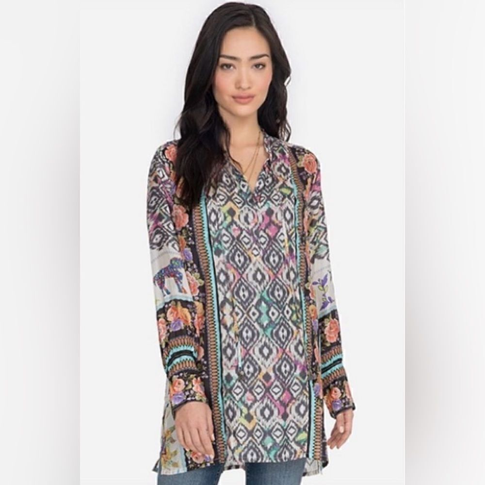 Johnny Was Nanette Silk Ikat Elephant Print Tunic Top in size XS NWOT